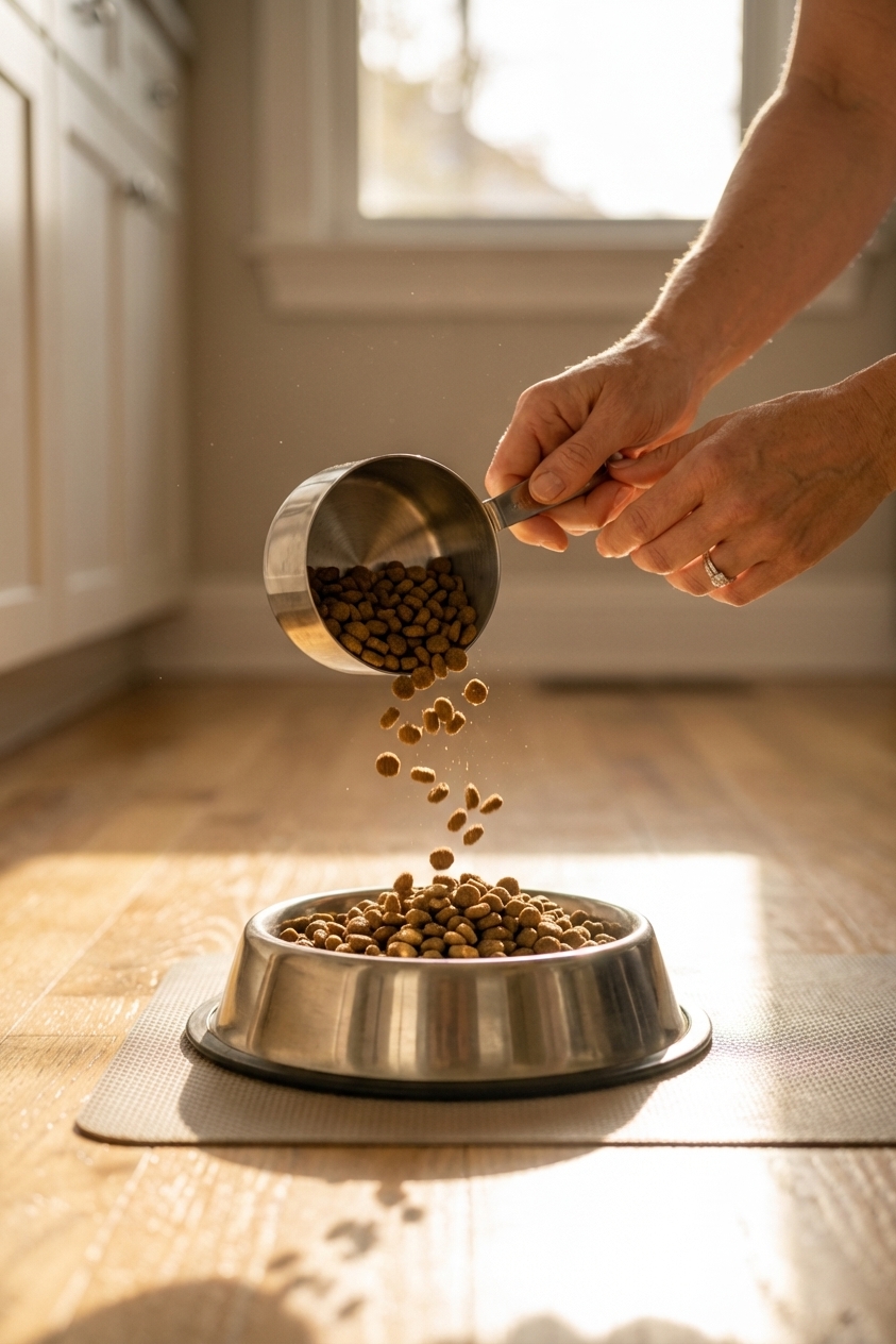 A person’s hands holding a measuring cup over a dog bowl with dry kibble on a kitchen floor, warm natural light, realistic photography