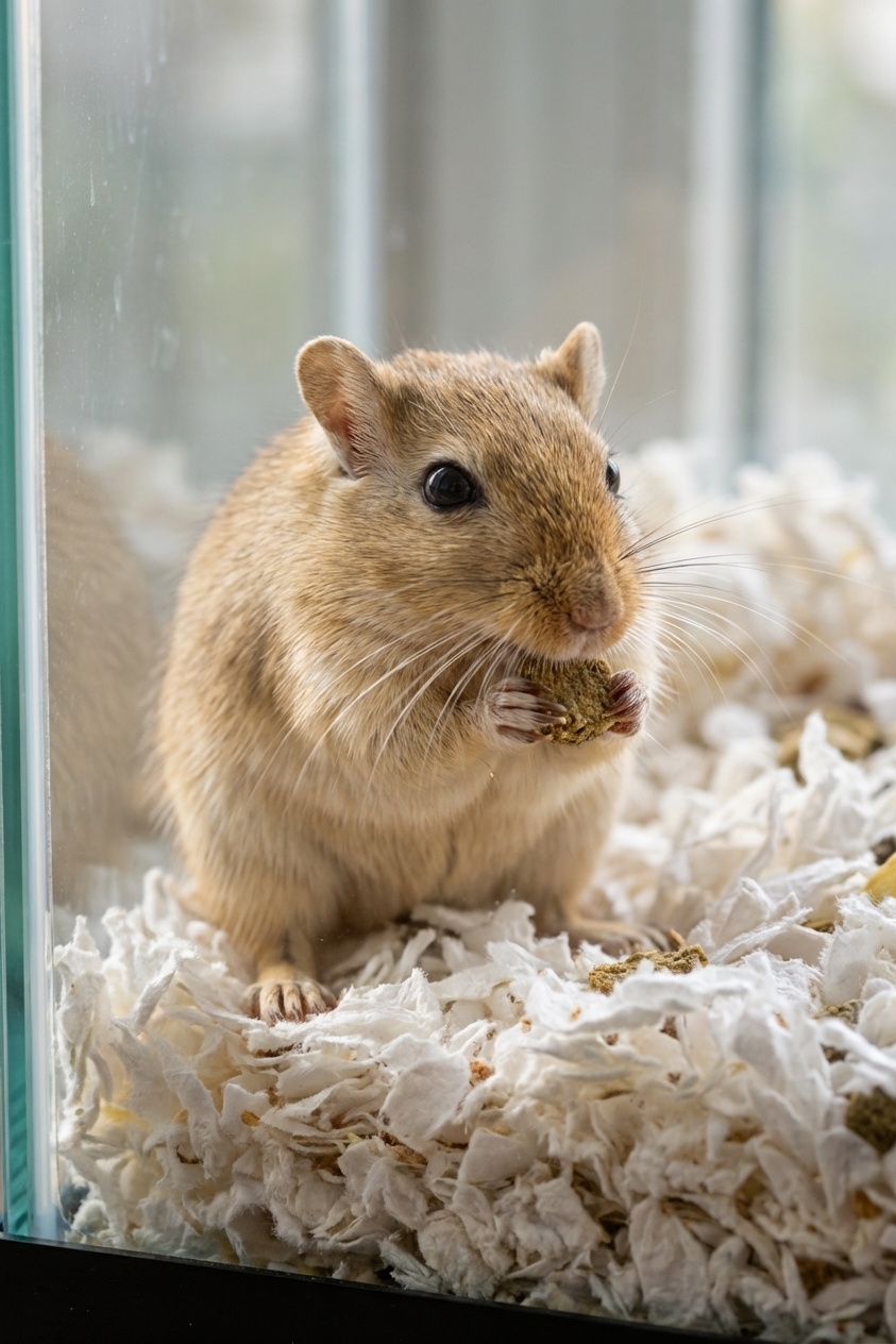 A pet gerbil holding a small pellet in its front paws while eating inside a tank with paper bedding, close-up photorealistic pet photography