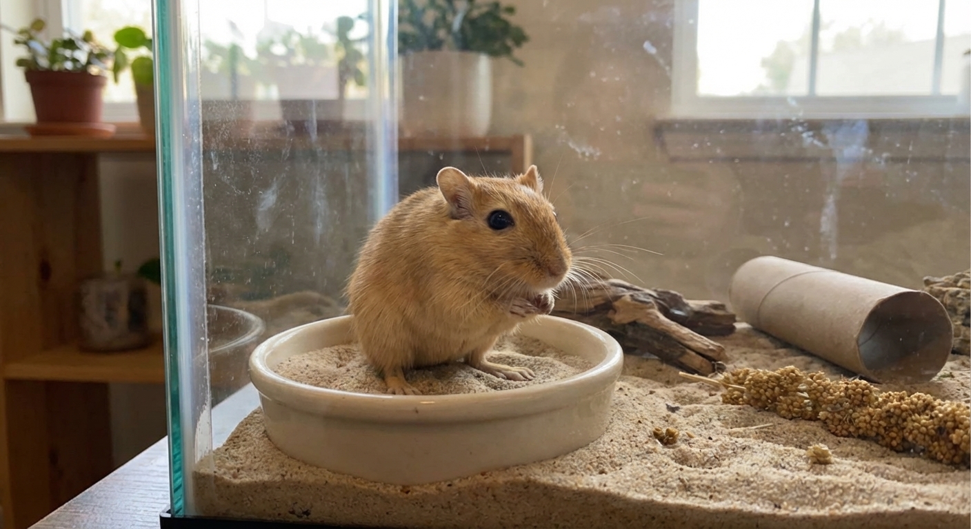 A pet gerbil sitting in a shallow ceramic dish filled with sand inside a glass tank, candid indoor pet photography, photorealistic