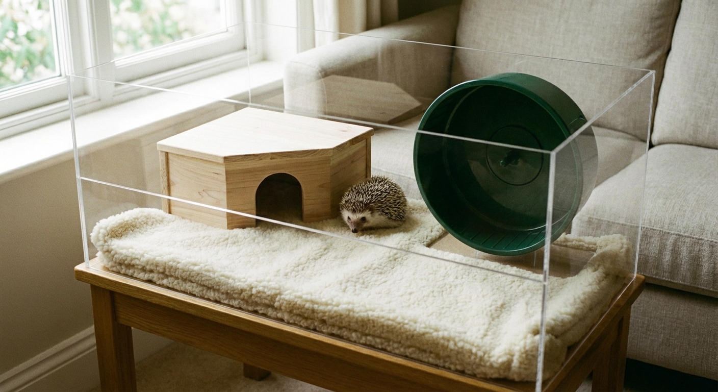 A pet hedgehog enclosure with a solid floor, fleece bedding, a hide house, and a large exercise wheel