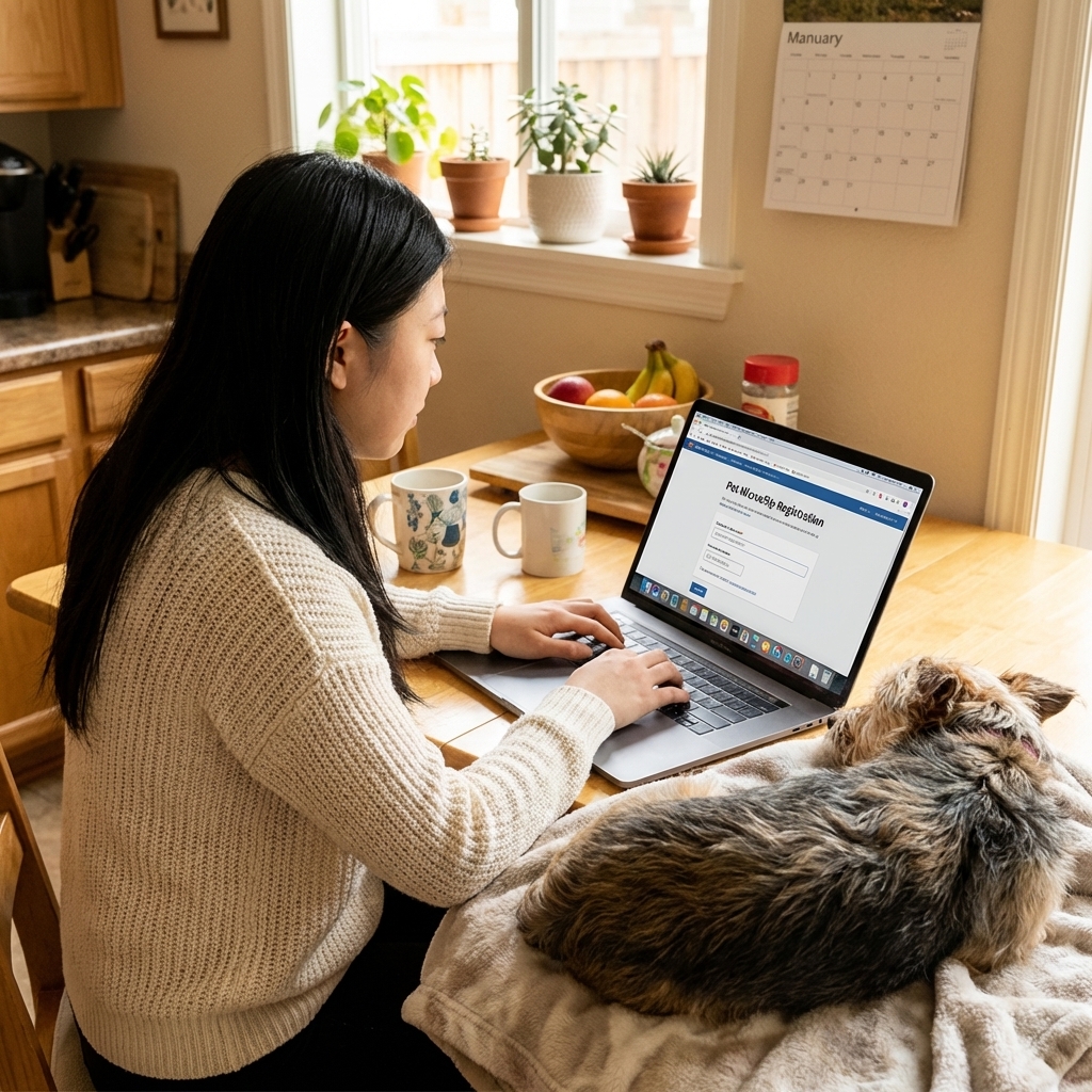 A pet owner at a kitchen table entering a microchip number into a registration website on a laptop while a small dog rests nearby, realistic lifestyle photo