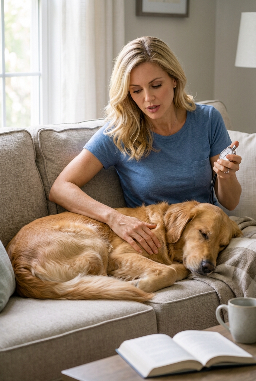 A pet owner counting a dog’s breathing while the dog sleeps on a couch