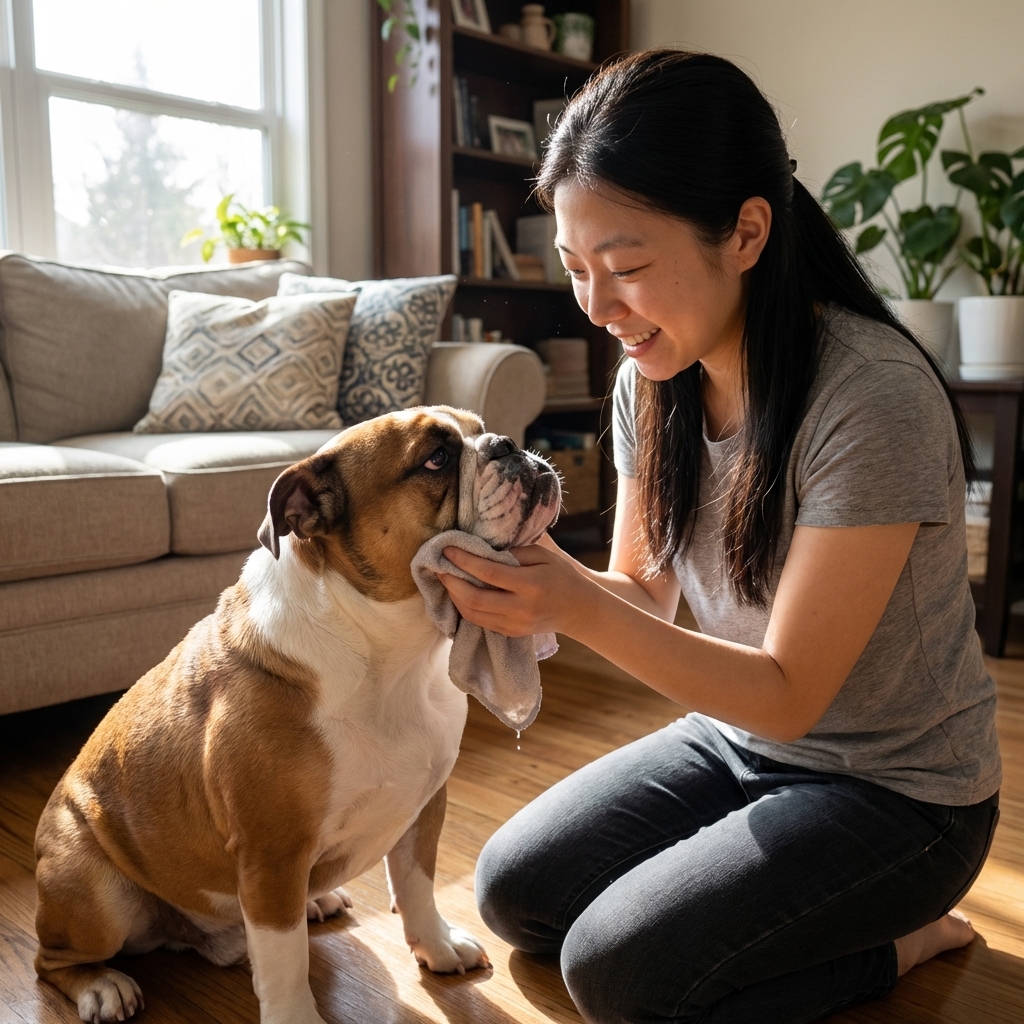 A pet owner gently cleaning an English Bulldog's facial wrinkles with a soft cloth in a bright home setting, real photography style
