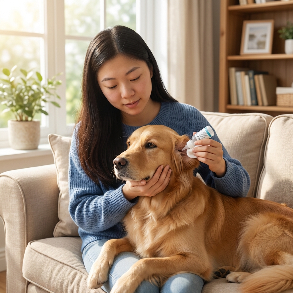 A pet owner gently holding a calm dog while preparing to clean the dog’s ear in a bright living room