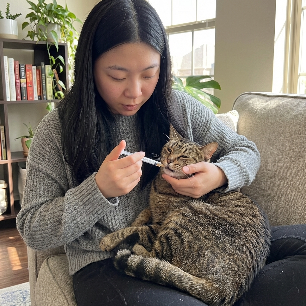 A pet owner gently holding a relaxed tabby cat on their lap while offering a small oral syringe near the cat’s mouth in a calm living room setting, real photography