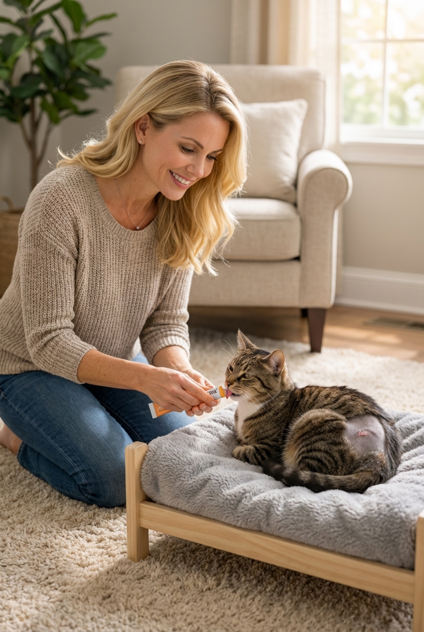 A pet owner gently offering a lickable treat to a resting cat during spay recovery