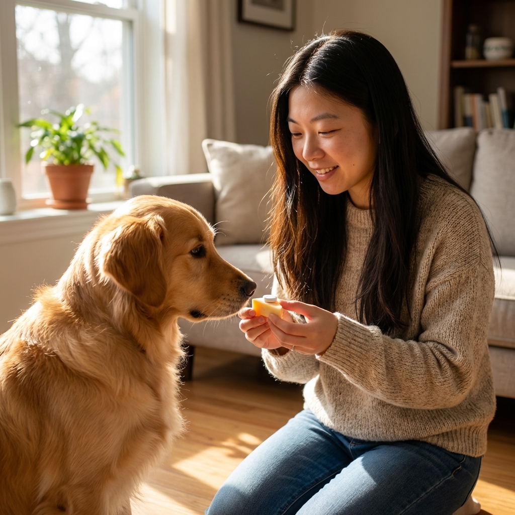 A pet owner gently offering a small tablet to a dog at home using a treat, natural window light, photorealistic