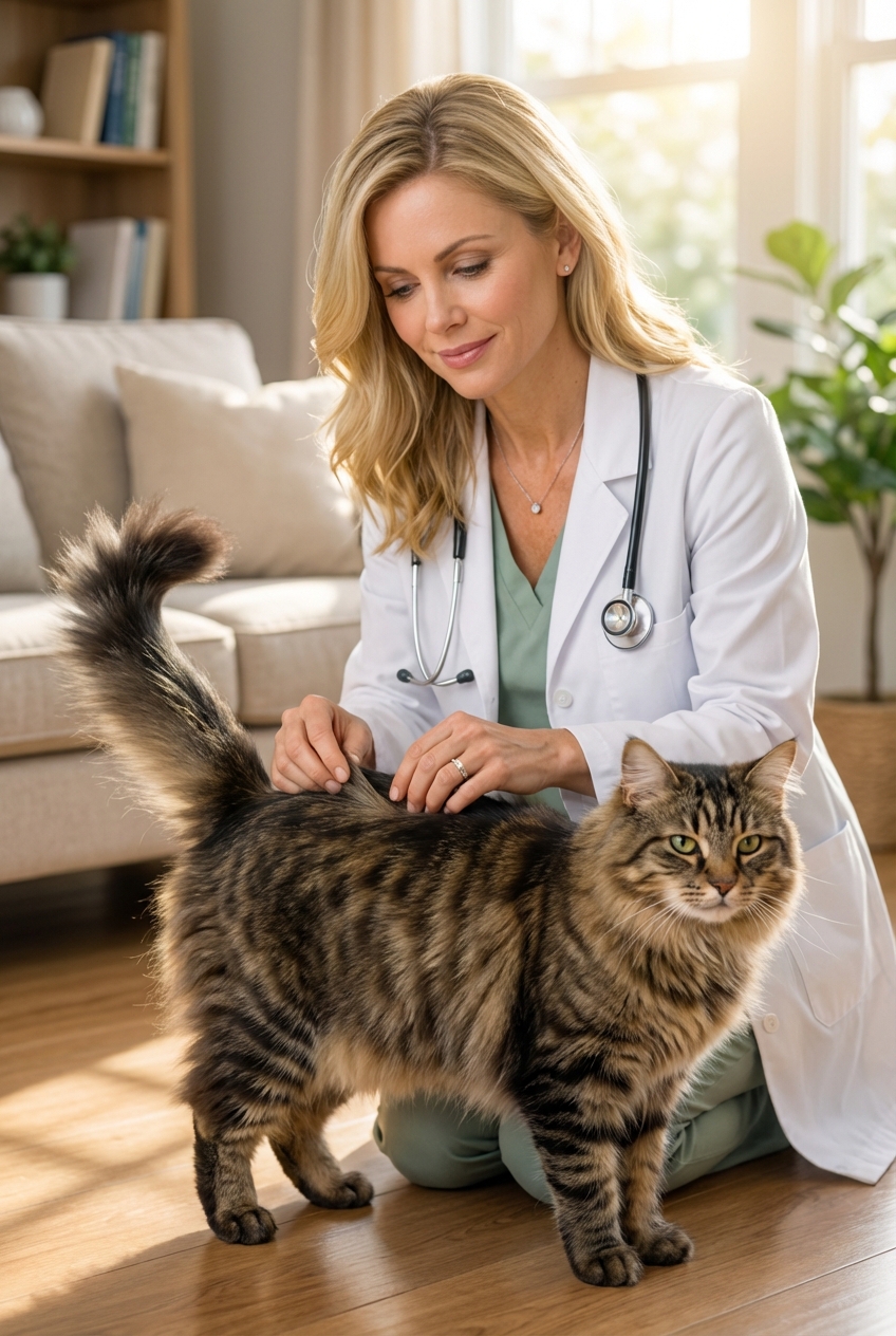 A pet owner gently parting a cat’s fur along the back with hands while the cat stands calmly