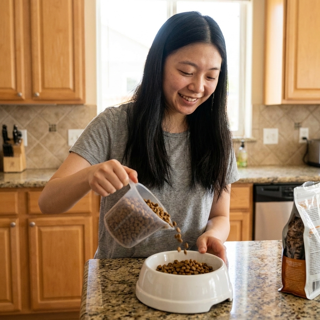 A pet owner holding a measuring cup of dry cat kibble over a food bowl on a kitchen counter, real photography style