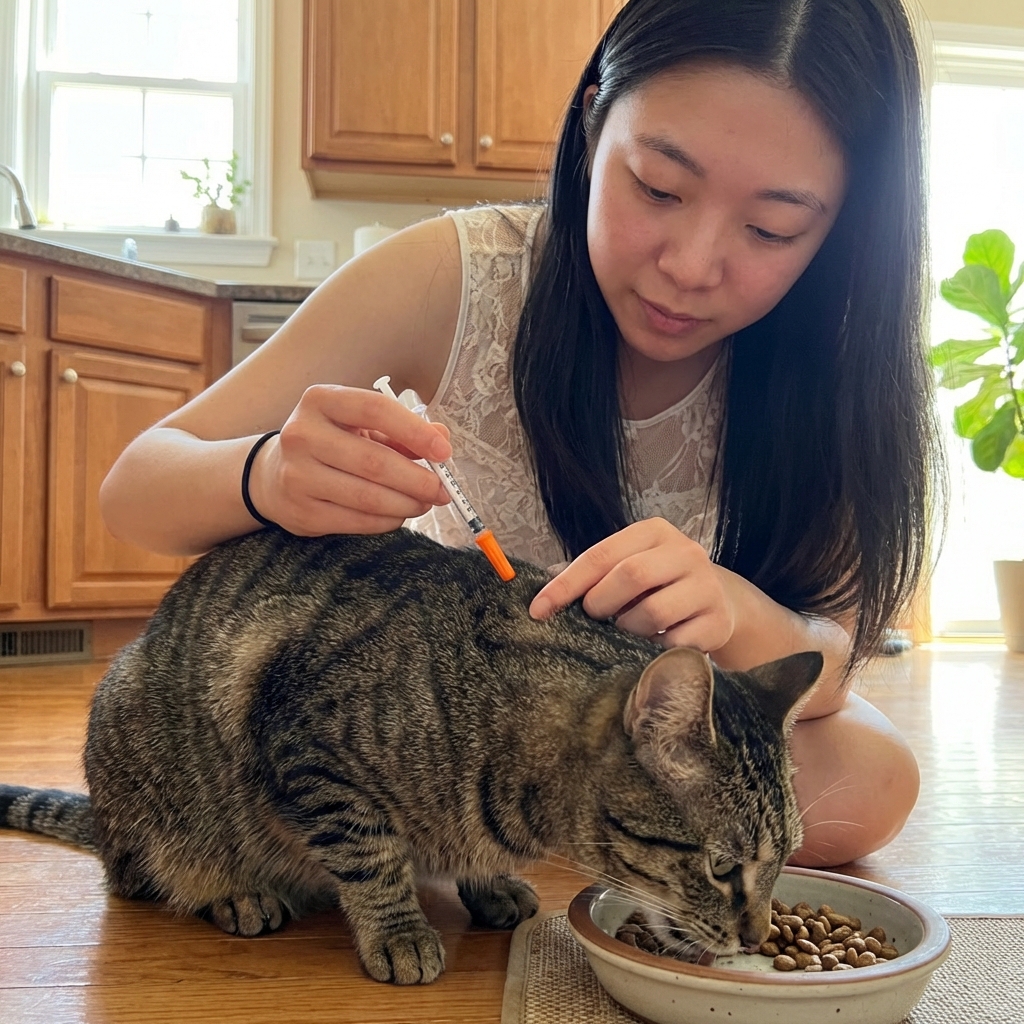 A pet owner holding a small insulin syringe near a calm cat while the cat eats from a bowl