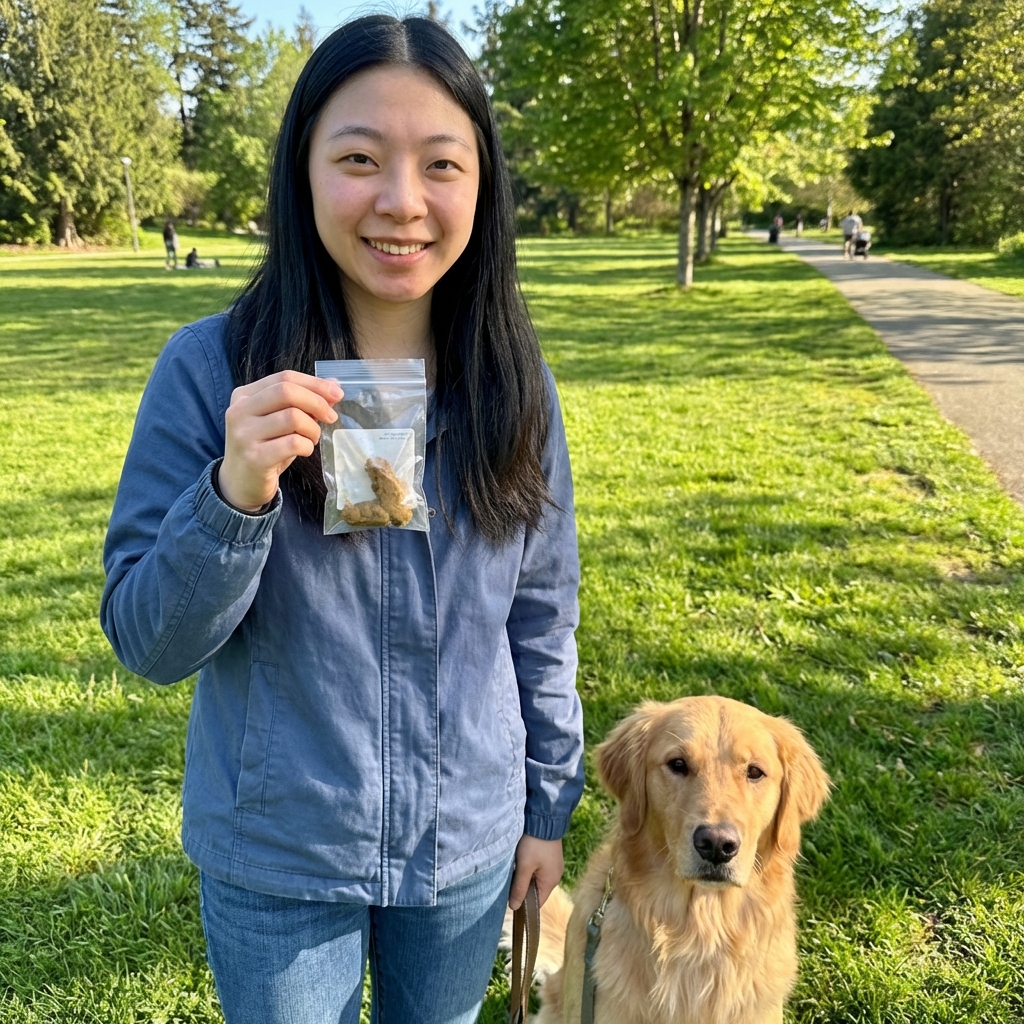 A pet owner holding a small sealed bag with a stool sample while standing outdoors with a dog