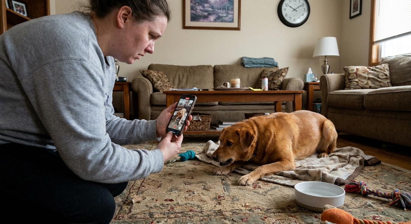 A pet owner holding a smartphone to record a dog lying on the floor during a health episode, realistic home environment