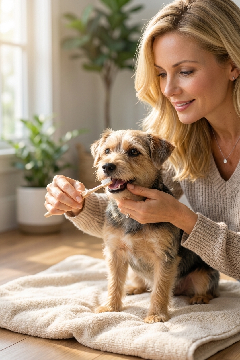 A pet owner in a home setting gently brushing a small dog’s teeth with a dog toothbrush while the dog sits calmly on a towel, soft natural window light, close-up focus
