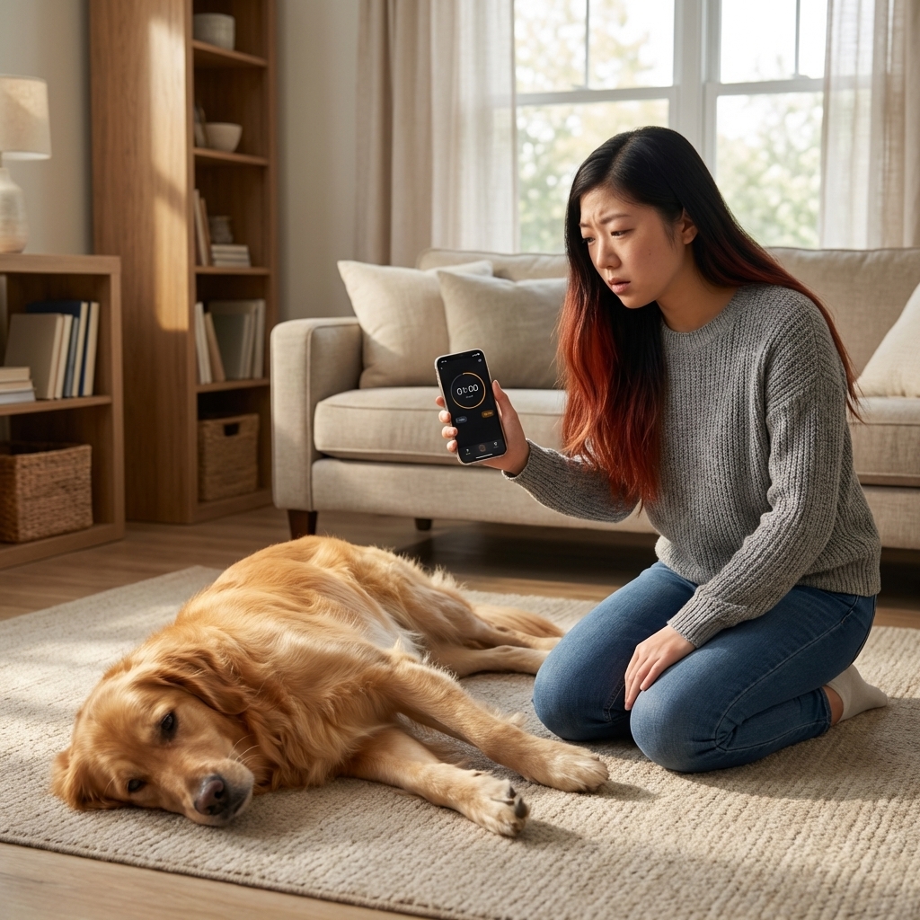 A pet owner kneeling at a safe distance while timing a dog seizure with a smartphone in a living room, realistic photography