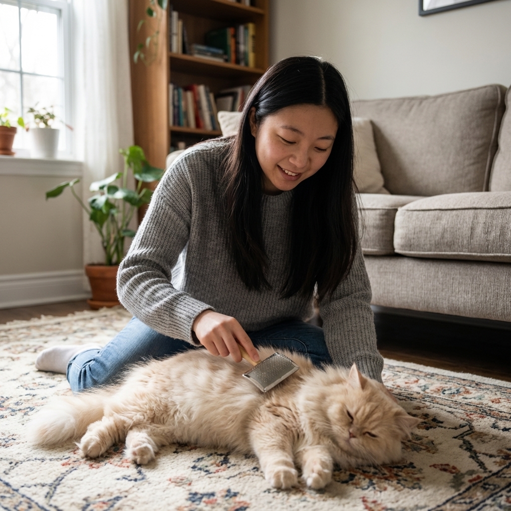 A pet owner kneeling on a living room rug gently brushing a calm longhaired cat, real photograph style with soft daylight
