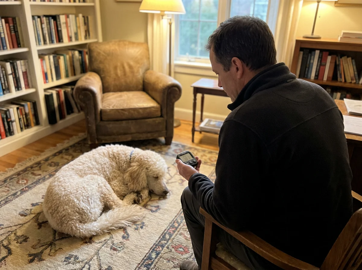 A pet owner quietly watching a sleeping puppy on a couch while counting the puppy’s breaths