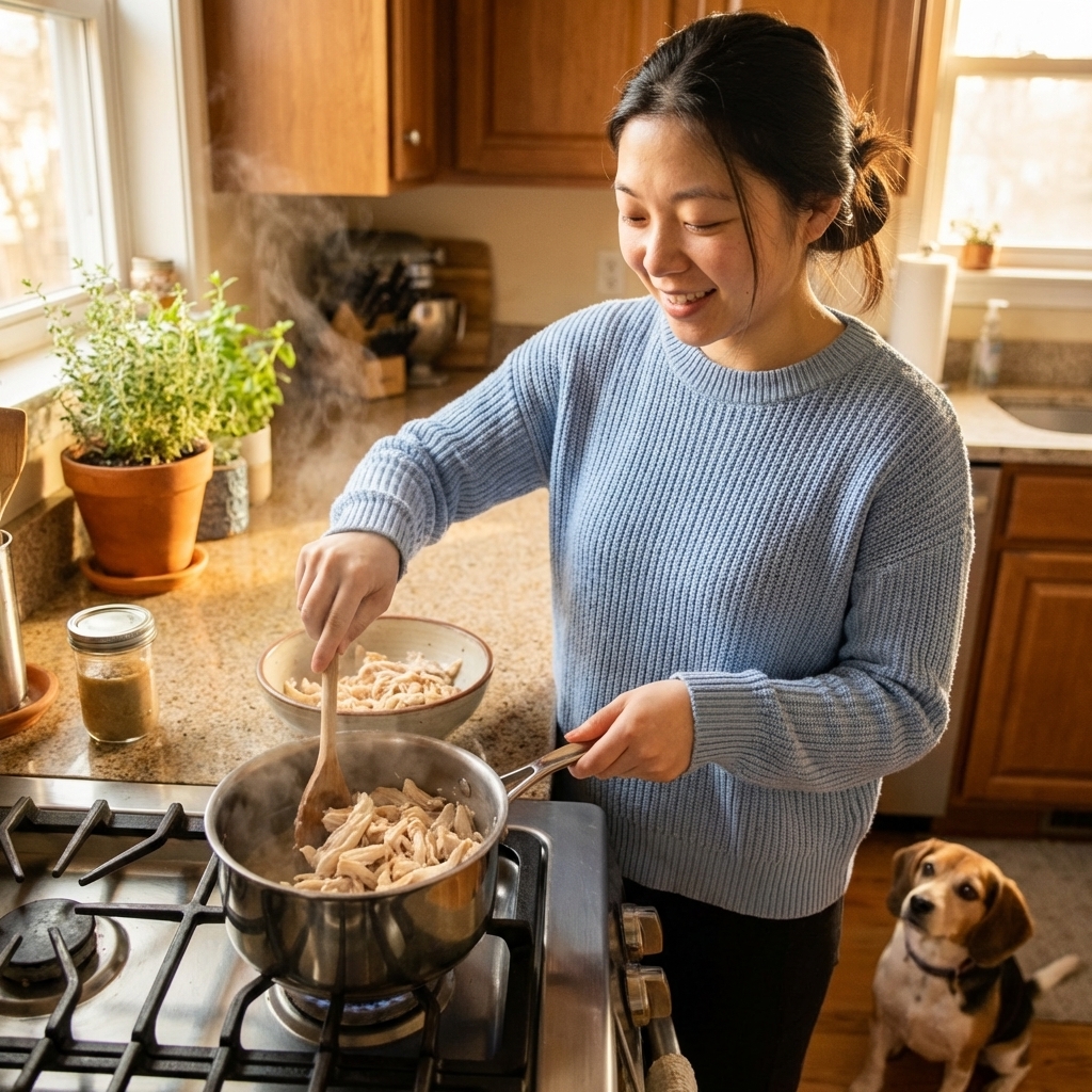 A pet owner stirring shredded cooked chicken in a small saucepan on a home stove, warm kitchen lighting, real-life photography style