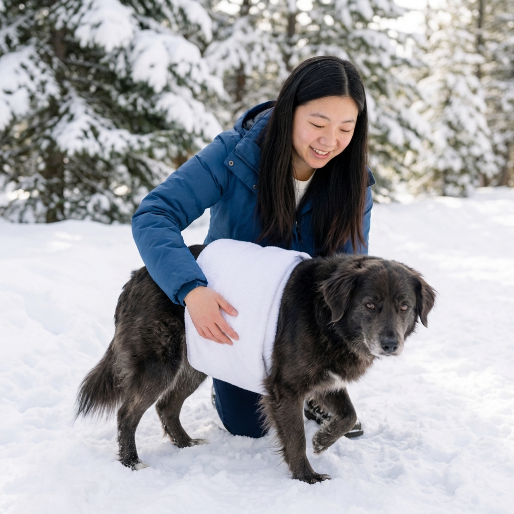 A pet owner using a towel as a sling under a medium-sized dog’s belly to help the dog walk steadily