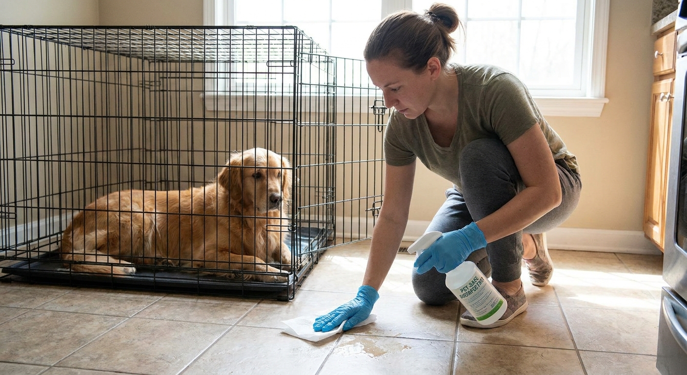 A pet owner wearing disposable gloves cleaning a hard floor near a dog crate with pet-safe disinfectant