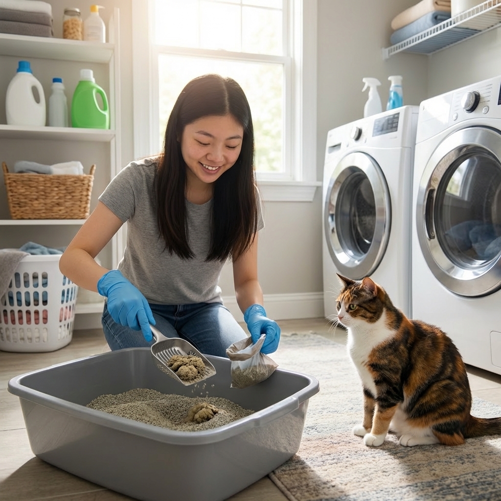A pet owner wearing disposable gloves while scooping a clean litter box next to a healthy adult cat in a bright laundry room, realistic photography