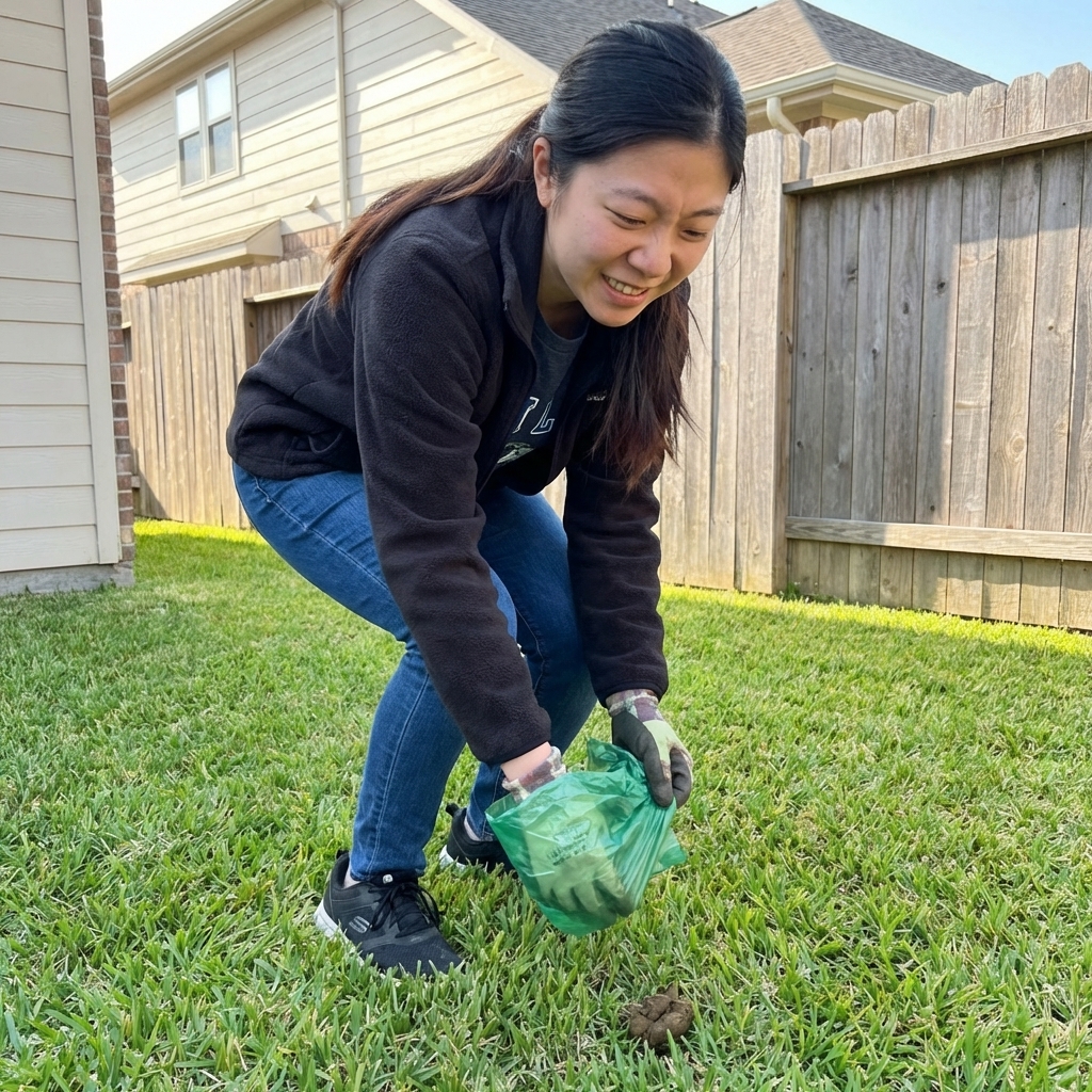 A pet owner wearing gloves picking up dog stool with a waste bag in a suburban backyard with grass and a fence in the background, photorealistic