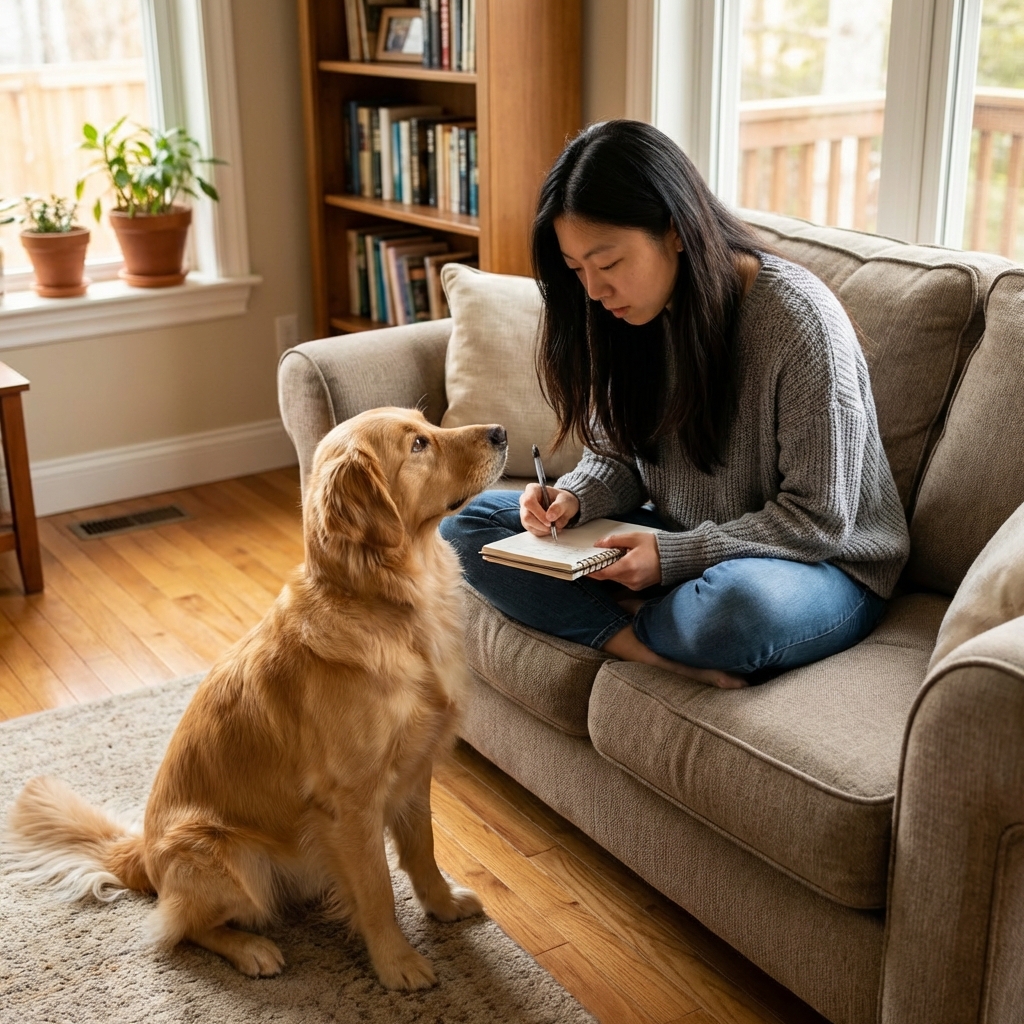 A pet owner writing notes in a small notebook while a dog sits nearby in a living room