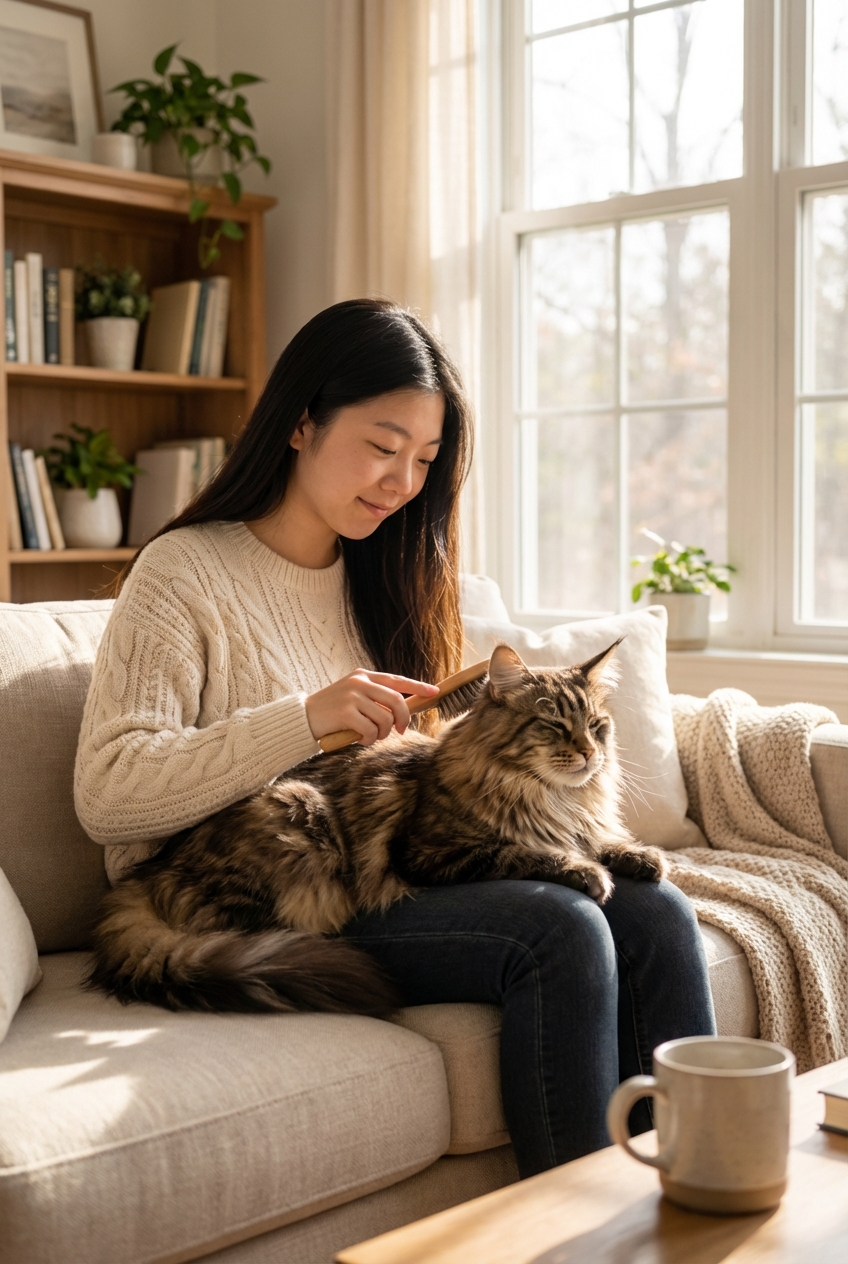 A pet parent brushing a long-haired cat in a living room with soft natural light