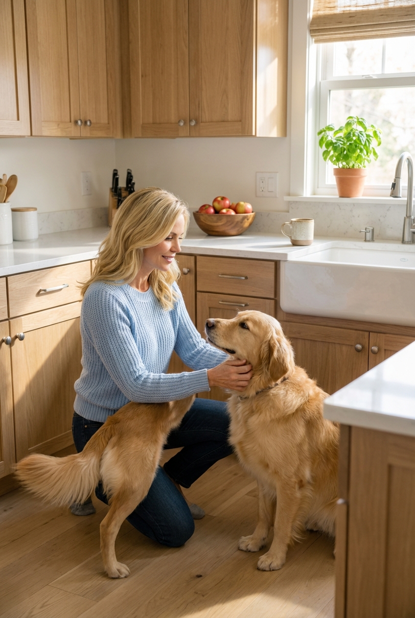 A pet parent gently rubbing a dog’s throat while the dog stands calmly in a kitchen