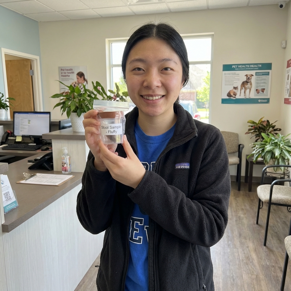 A pet parent holding a small sealed container with a stool sample while standing in a veterinary clinic lobby