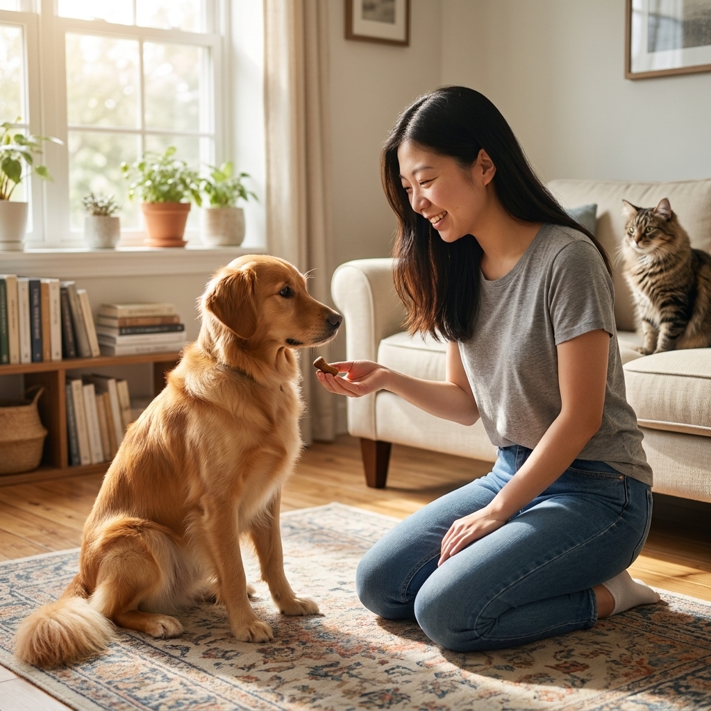 A pet parent kneeling in a living room offering a chewable preventive to a calm dog while another pet watches from a distance, natural indoor lighting