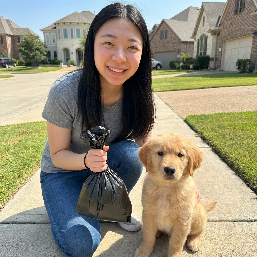 A pet parent kneeling on a sidewalk with a puppy while holding a poop bag