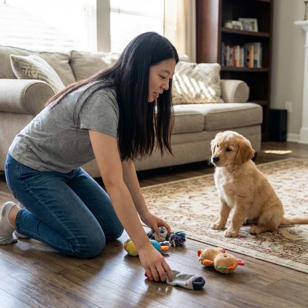A pet parent kneeling to pick up small household items from the floor while a puppy watches