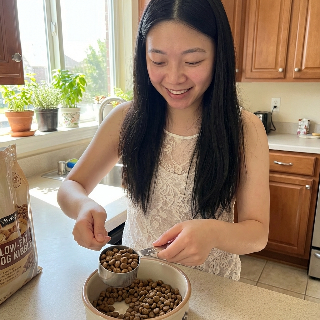A pet parent measuring a small portion of low-fat dog kibble with a measuring cup in a bright kitchen