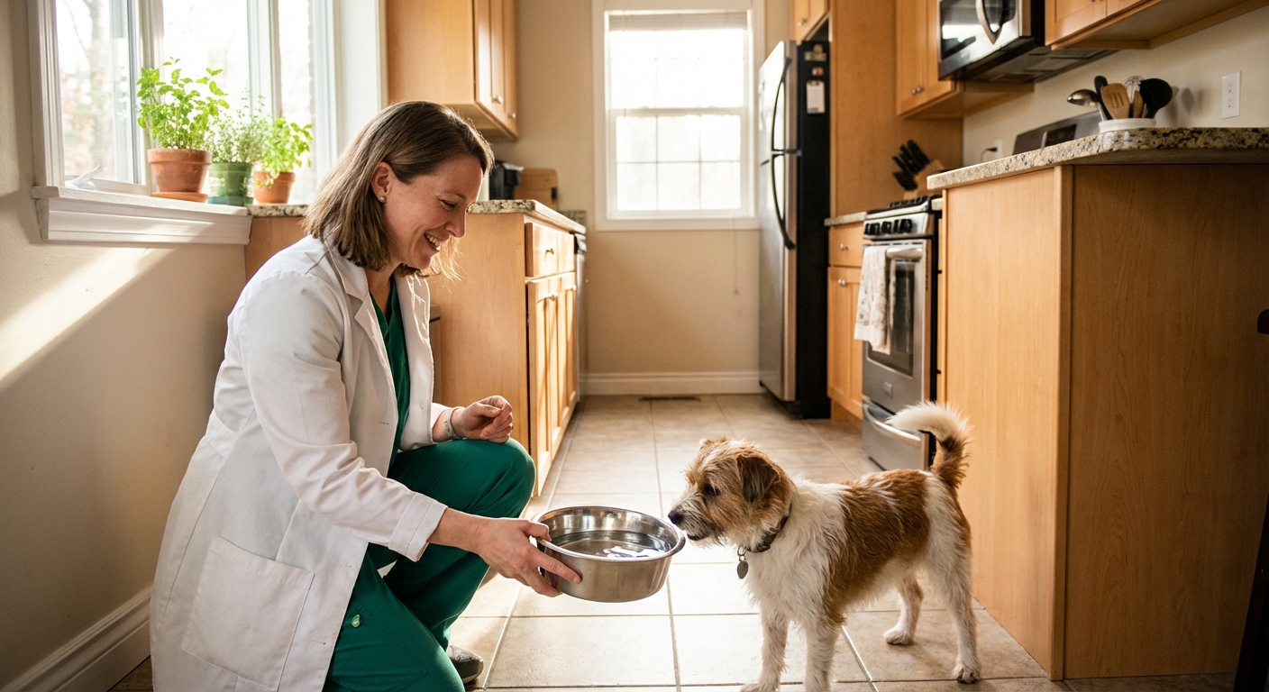 A pet parent offering a stainless steel water bowl to a small dog in a bright kitchen