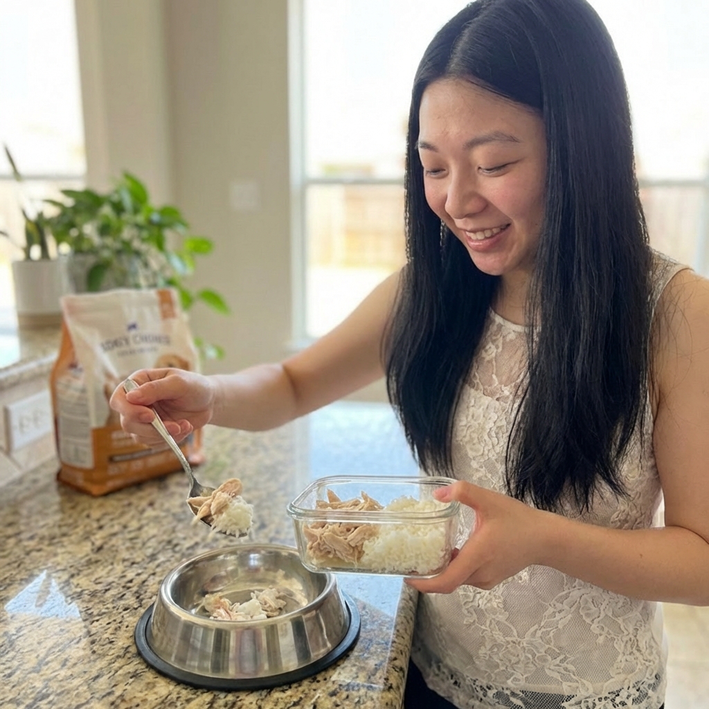 A pet parent placing a small portion of boiled chicken and rice into a dog bowl on a kitchen counter