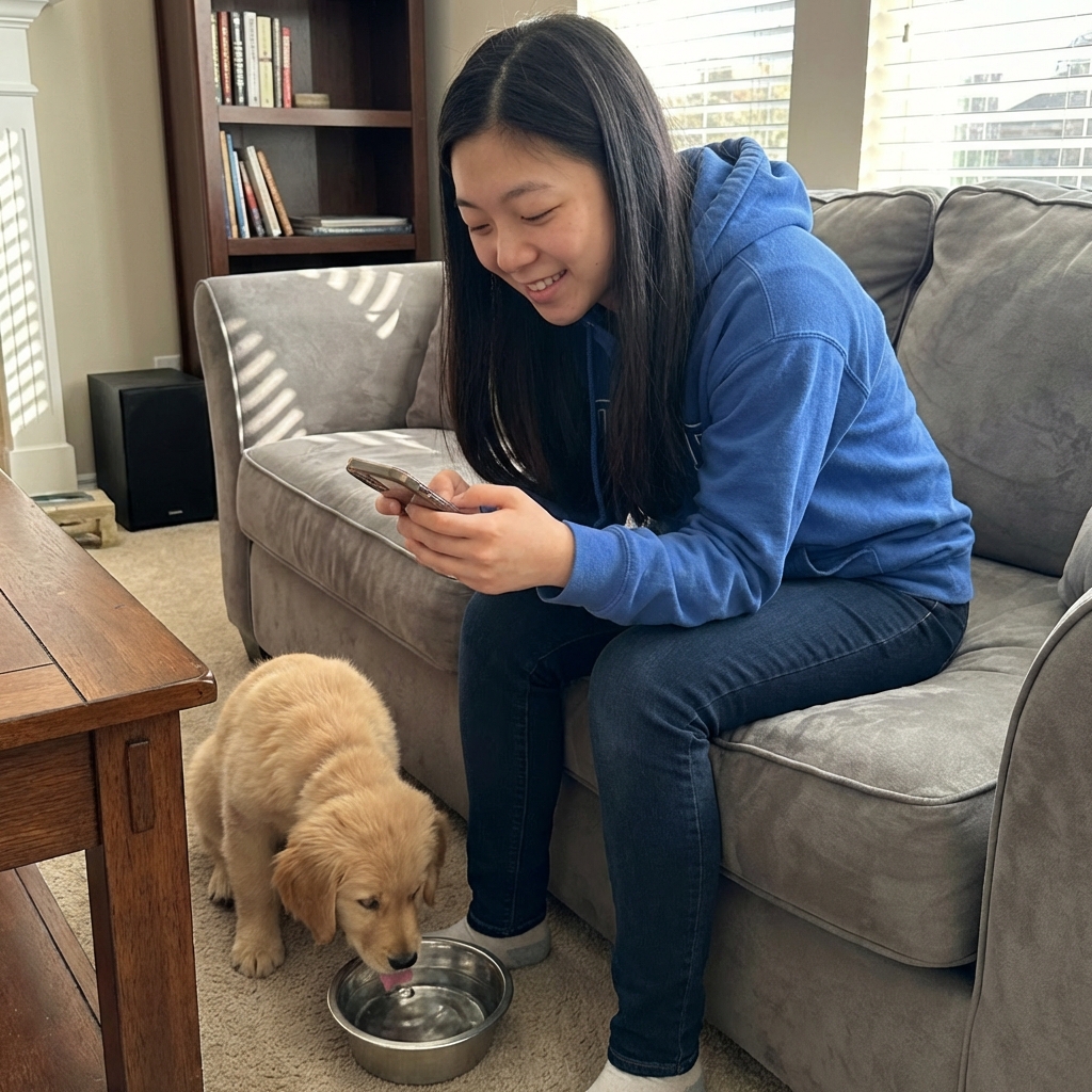 A pet parent writing notes on a phone while a small puppy drinks water from a bowl