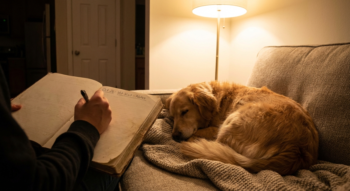 A pet parent’s hand writing in a notebook labeled with dates beside a sleeping dog on a sofa, cozy living room lighting, photorealistic