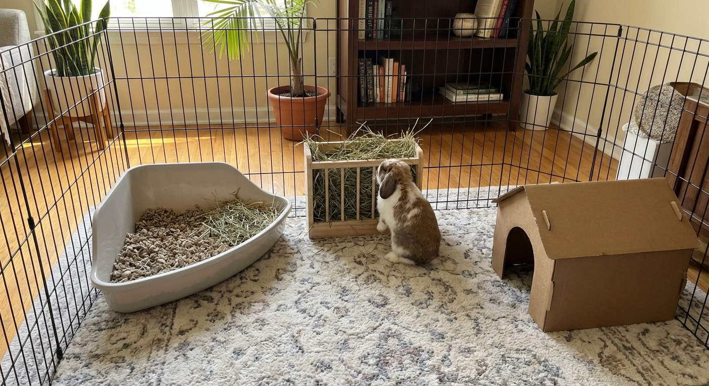 A pet rabbit inside a roomy exercise pen with a litter box, hay rack, hide house, and soft rug