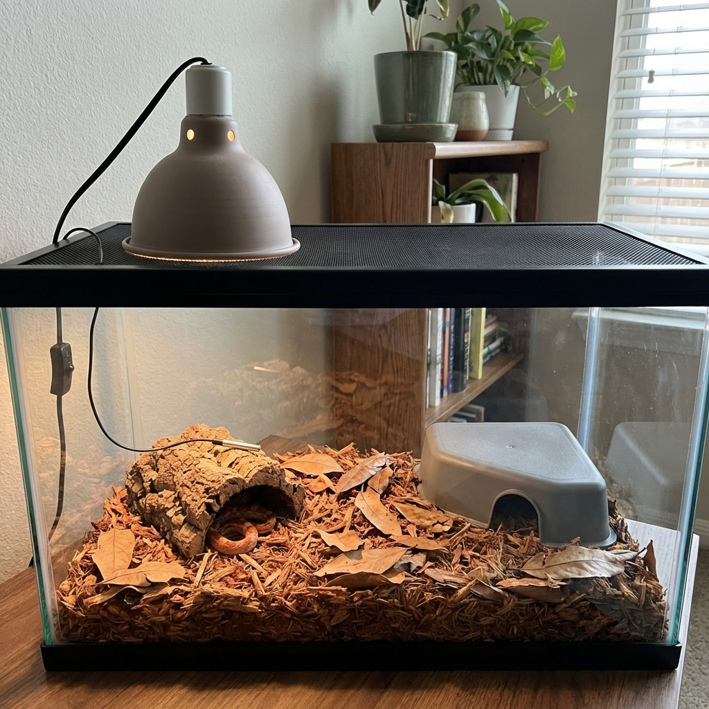 A pet snake enclosure showing a heat lamp, thermostat probe, and two hides on a natural substrate