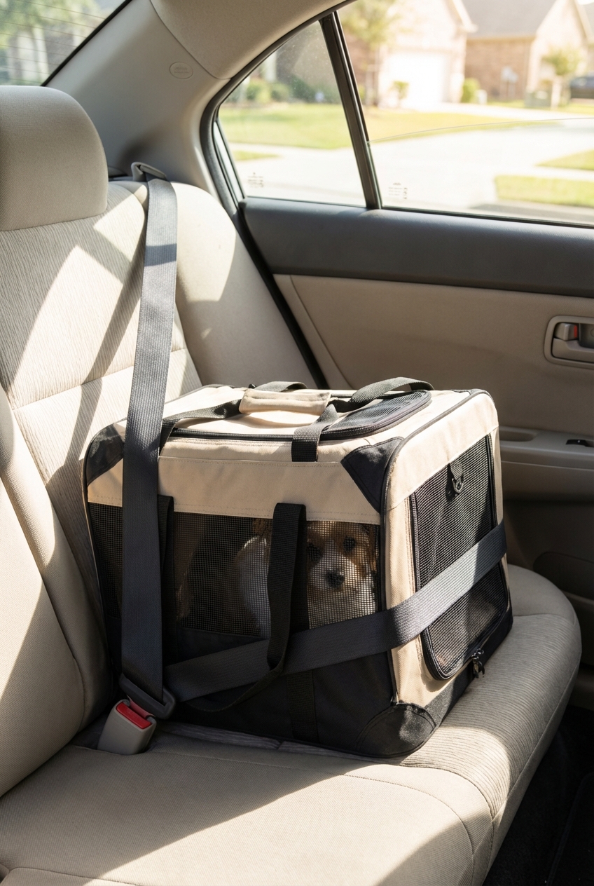 A pet travel carrier secured with a seat belt around the carrier body on a car back seat during daylight