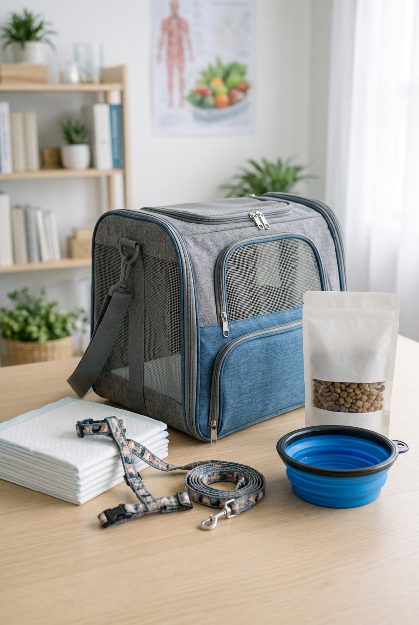 A pet travel kit laid out on a table with a cat carrier, harness, pee pads, treats, and a collapsible bowl
