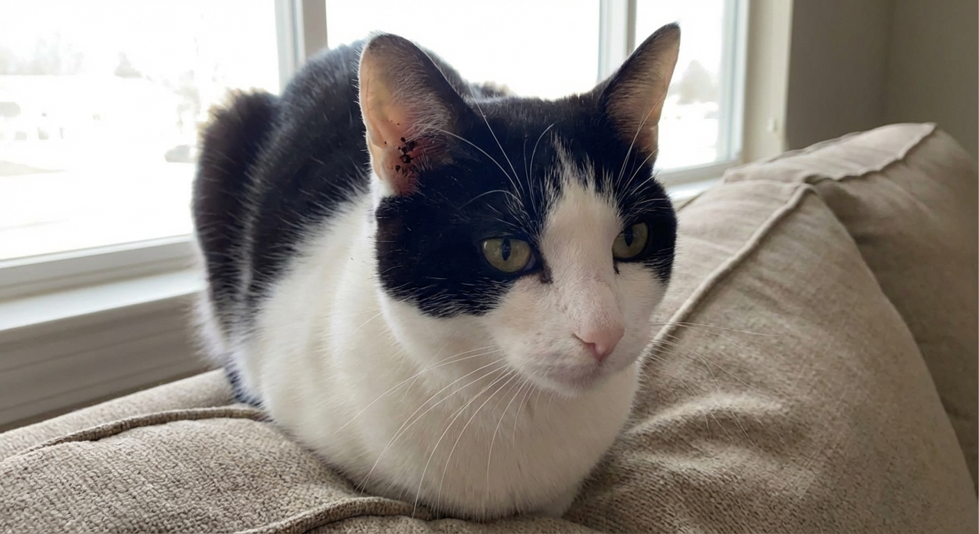 A photo of a black-and-white cat sitting on a couch with visible dark ear debris near the ear opening