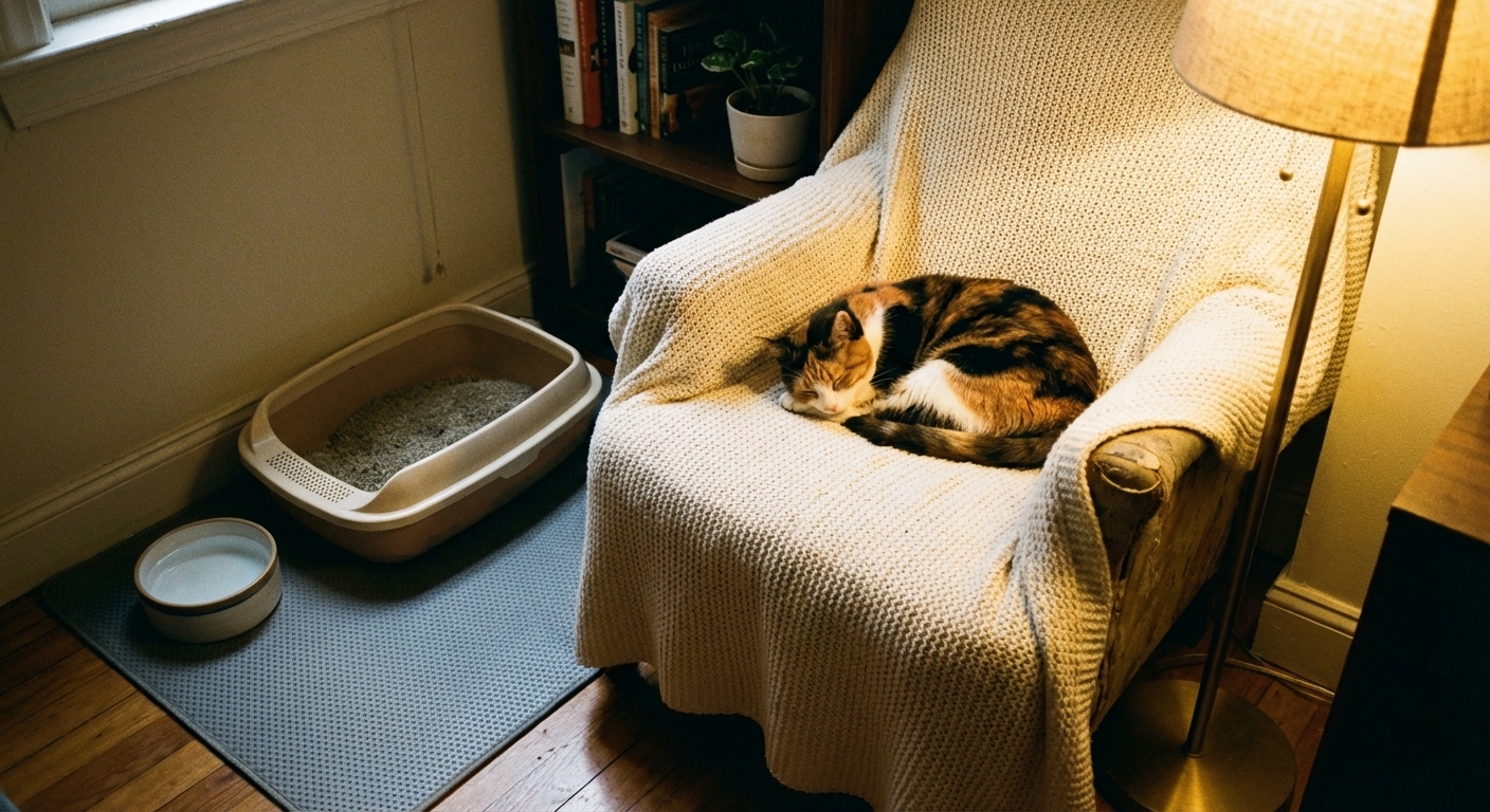 A photo of a calm cat resting on a soft blanket in a small quiet room with a low litter box and water bowl nearby, non-slip mats on the floor, warm indoor lighting, realistic home setting