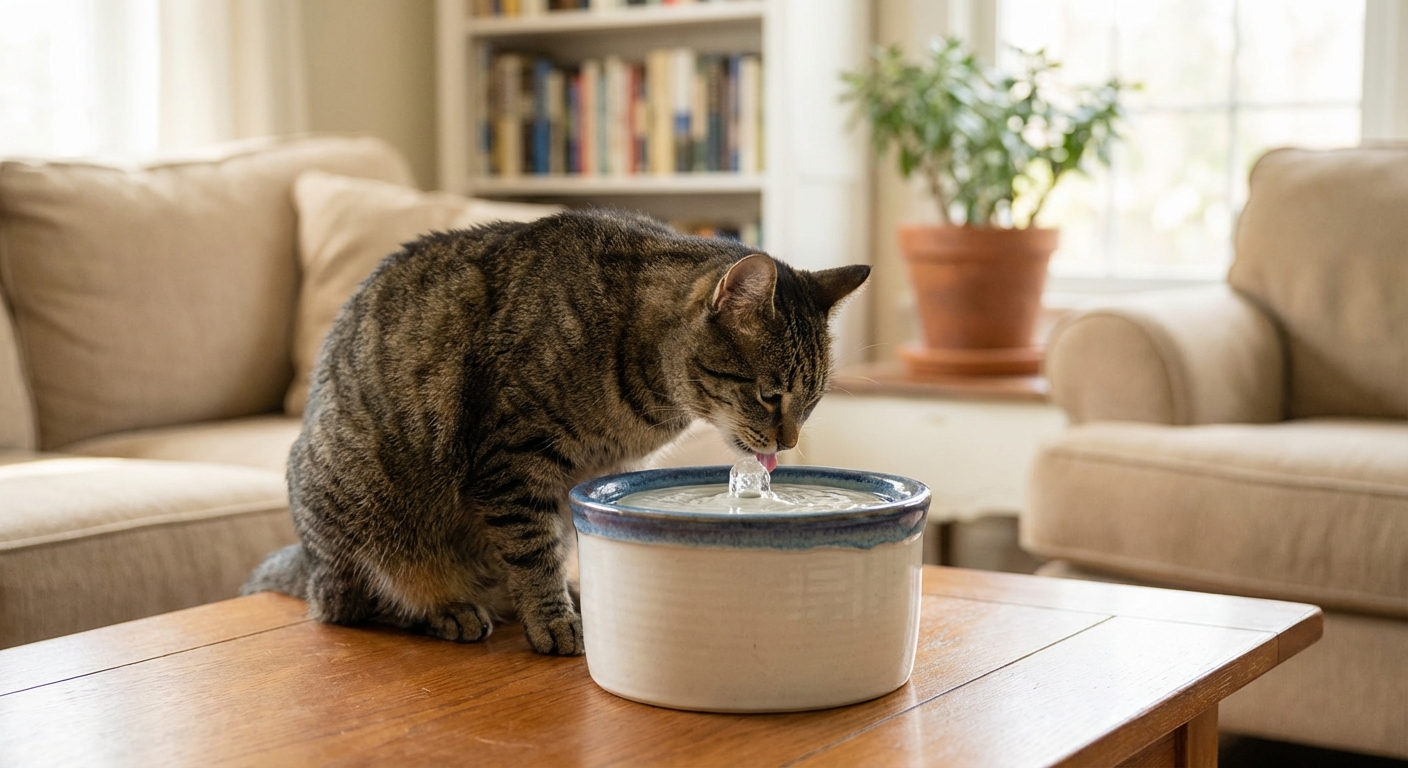 A photo of a cat drinking from a small tabletop water fountain in a living room