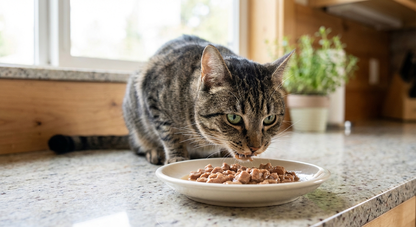 A photo of a cat eating wet food from a shallow bowl on a kitchen counter