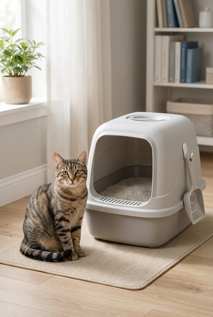 A photo of a cat sitting near a clean litter box in a quiet room