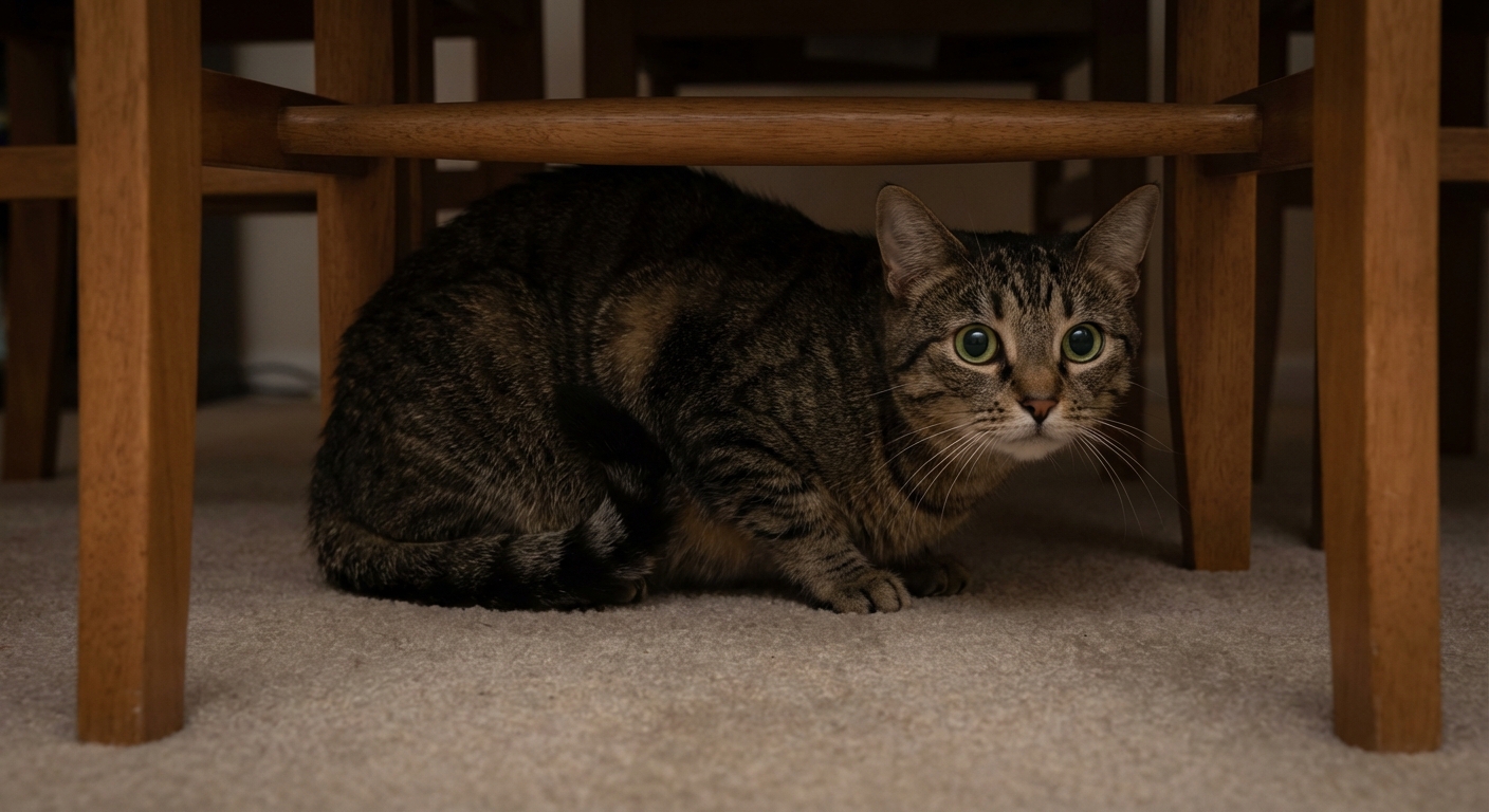 A photo of a cat sitting under a chair with wide eyes and tense posture