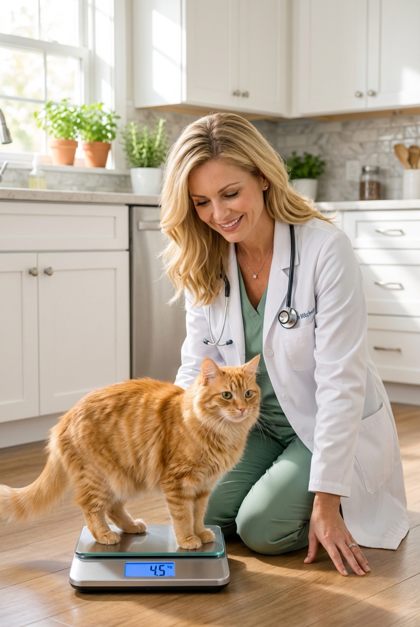 A photo of a cat standing on a small digital pet scale in a bright kitchen while an owner kneels nearby