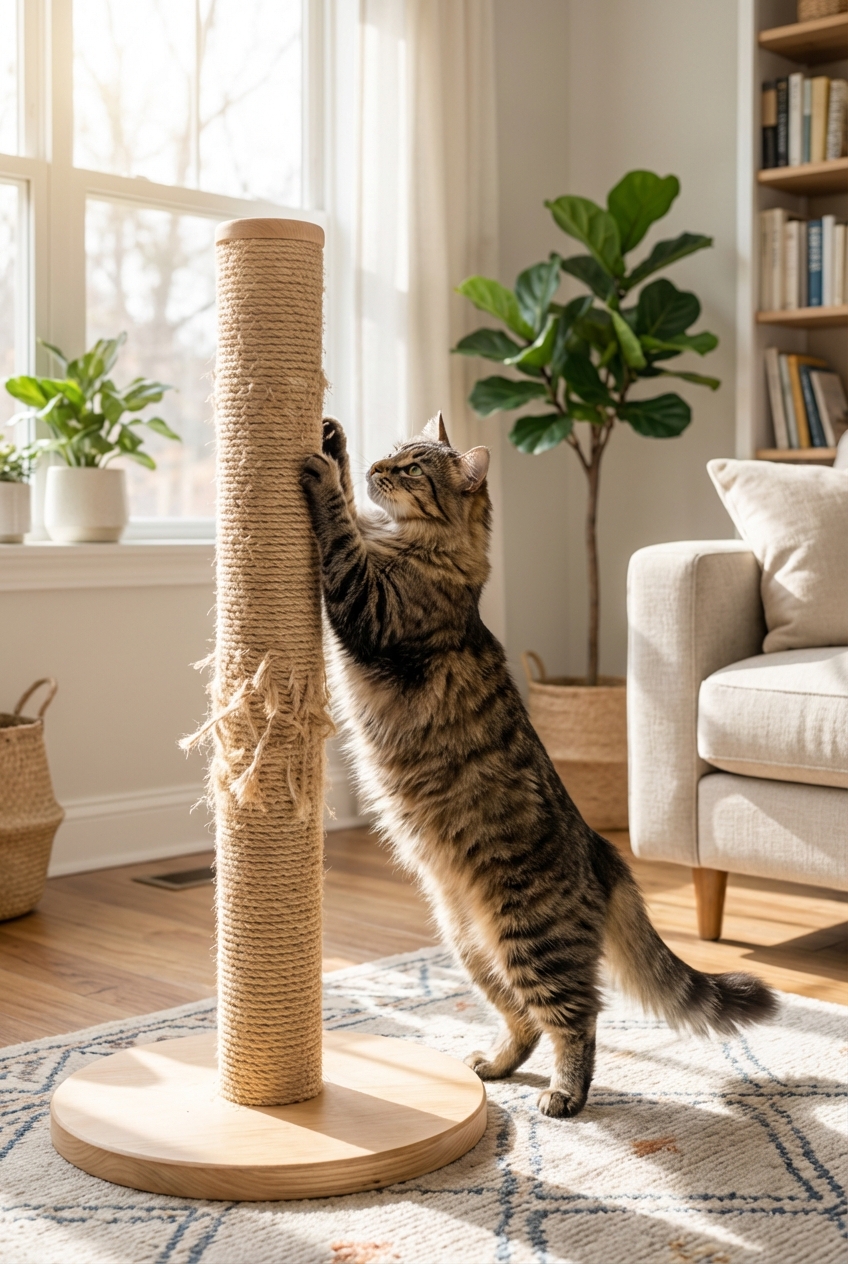 A photo of a cat using a tall sisal scratching post in a bright living room