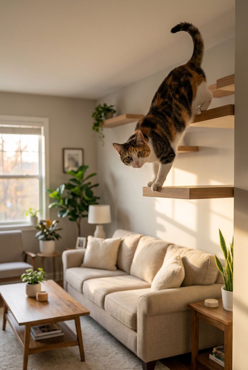 A photo of a cat using wall-mounted shelves to climb above a living room